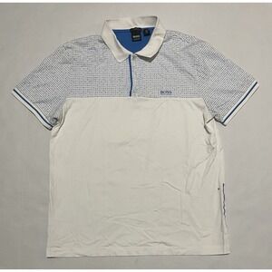 Hugo Boss Polo Shirt Mens Slim Fit White Blue Cotton Stretch Golf Polo Outdoor